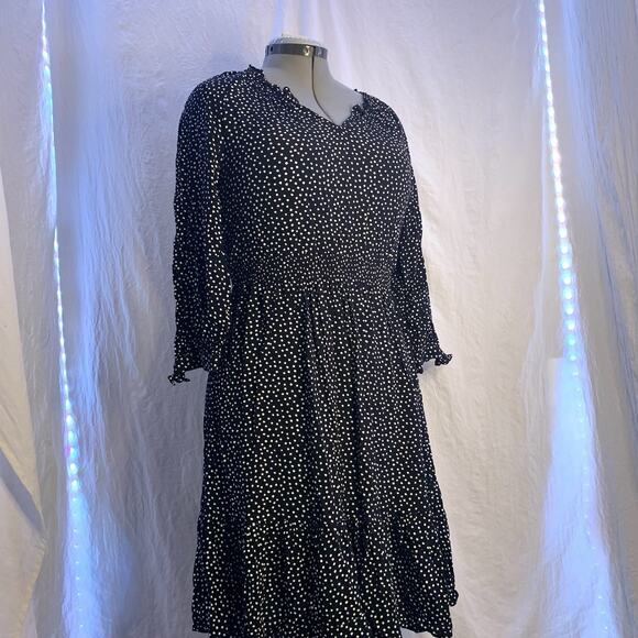 Talbots Dress Black White Dot Midi Dress Smocked Waist 3/4 Sleeve Ruffle Tier M - Picture 3 of 14